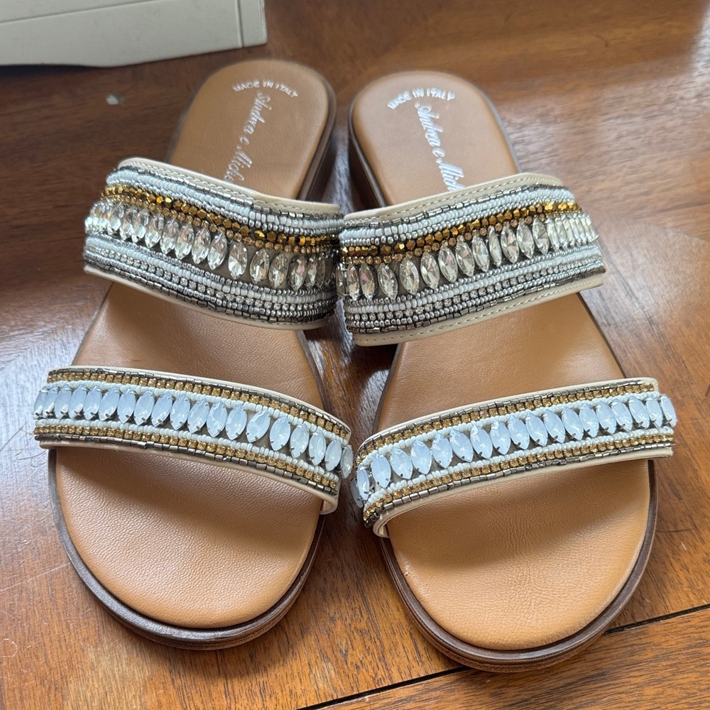 Embellished White Italian Made Sandals - Womens 9.5